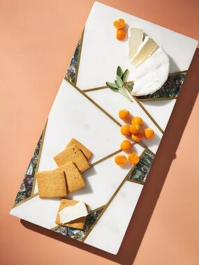 Anthropologie Iris Marble & Abalone Inlay Cheeseboard - White with Gold Accents